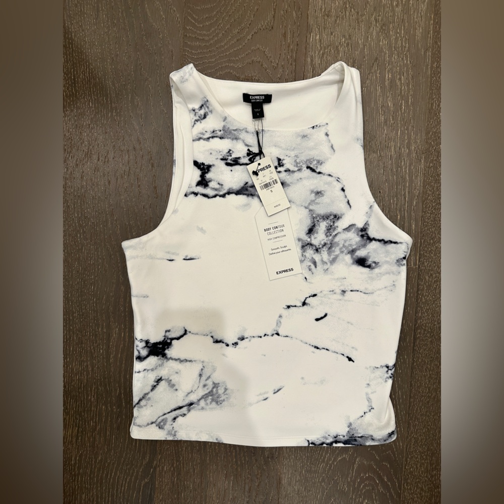 NWT Body Contour Compression Sleeveless White and Gray Marble Crop Top Sz Small